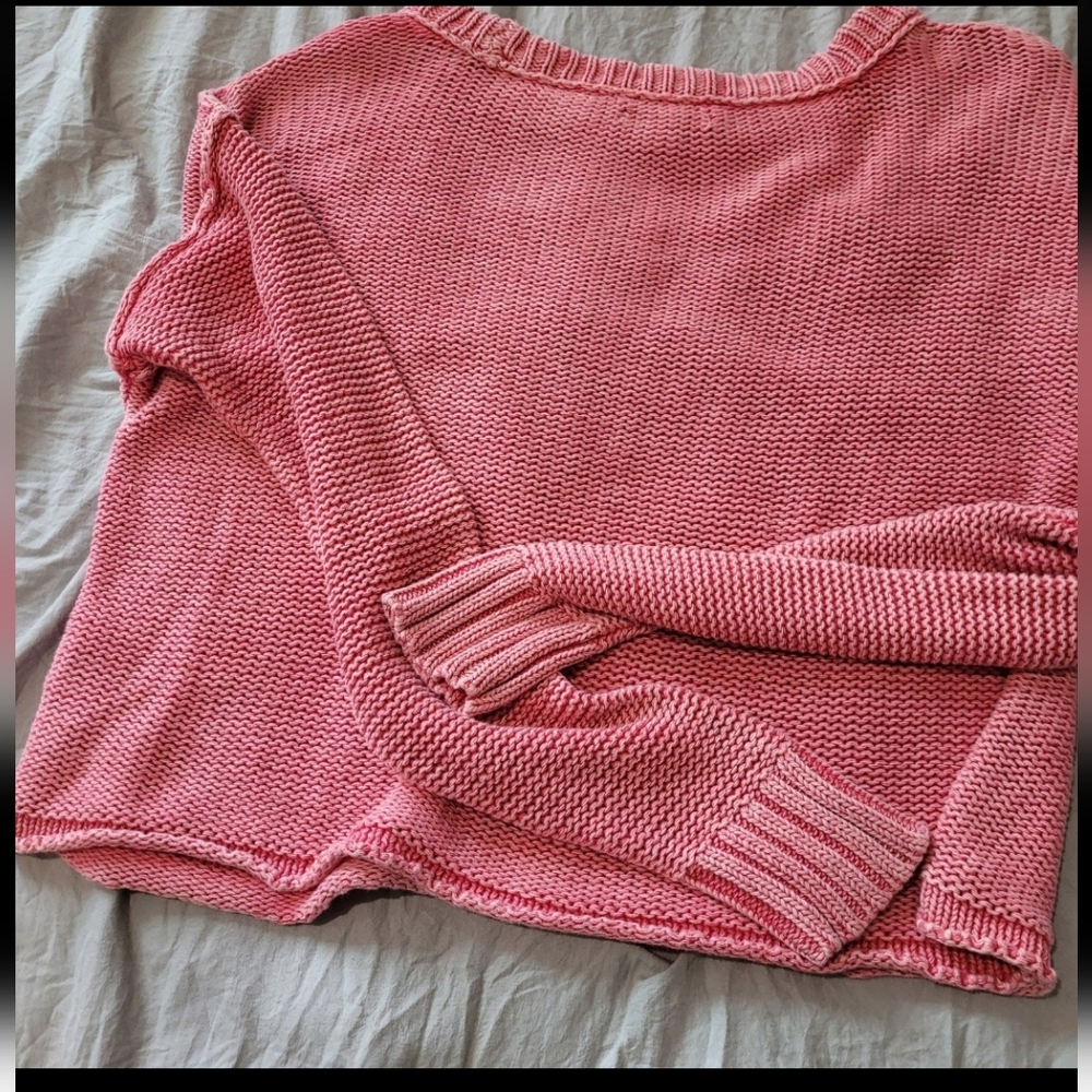 American Eagle Womens SZ XS Oversized crop Cotton‎ Knit Sweater distressed Pink - Picture 5 of 11